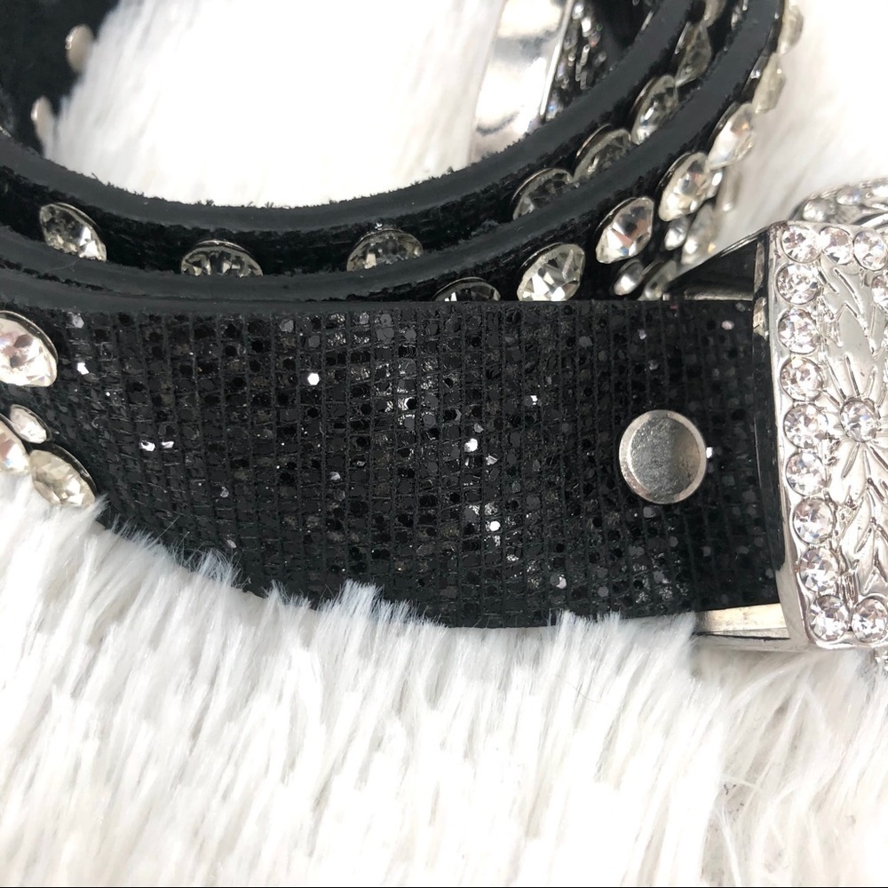 Black Leather & Rhinestone Belt - BLING - Picture 3 of 12